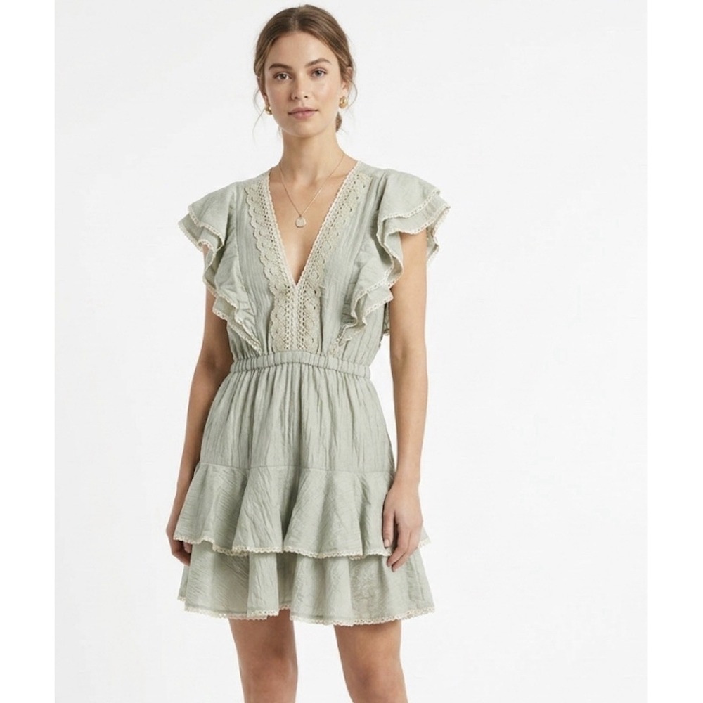 Sabina Musayev Ruffled Mini Dress XS Green V-Neck Lace‎ Trim Rayon Blend C